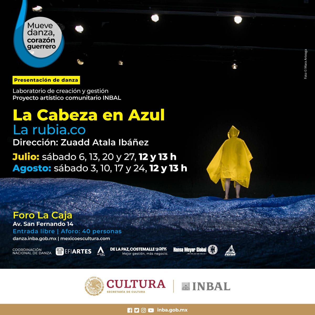 #EntradaLibre 🎟️

🔹Durante julio y agosto, el Foro La Caja, activará tus emociones con el montaje performático, 𝐋𝐚 𝐜𝐚𝐛𝐞𝐳𝐚 𝐞𝐧 𝐚𝐳𝐮𝐥. 
Alista el plan, asiste y #MueveDanzaCorazónGuerrero. 

⌚Sábados y domingos • 12 y 13 h
📍Av. San Fernando 14 • Colonia Guerrero