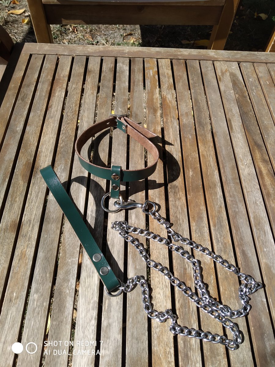 Precioso conjunto de collar, correa, muñequeras y tobilleras elaborado en cuero grueso verde de primera calidad, con hebillas para candado y piquetes soldados para mayor durabilidad.