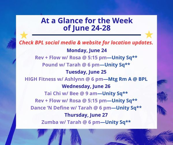 bvillelibrary's tweet photo. Health, Fitness, & Wellness At a Glance for the Week of June 24-28
Check BPL social media & website for any location changes due to weather. All classes are free and open to the public.
#BPLibraryLife #free #fitness #yoga #highfitness #taïchi #revflow #zumba #freeclass https://t.co/eRE6FQhmIW