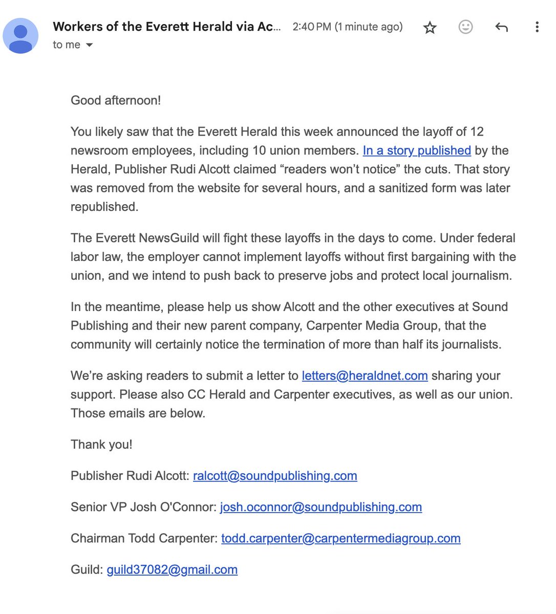 Caleb Hutton (@calebatsea) on Twitter photo As a matter of record, <a href="/EverettGuild/">Everett NewsGuild ✊</a> reporters and photographers are "asking readers to submit a letter to letters@heraldnet.com sharing your support" in light of devastating layoffs in the <a href="/EverettHerald/">Everett Herald</a> newsroom. As a matter of record, <a href="/EverettGuild/">Everett NewsGuild ✊</a> reporters and photographers are "asking readers to submit a letter to letters@heraldnet.com sharing your support" in light of devastating layoffs in the <a href="/EverettHerald/">Everett Herald</a> newsroom.