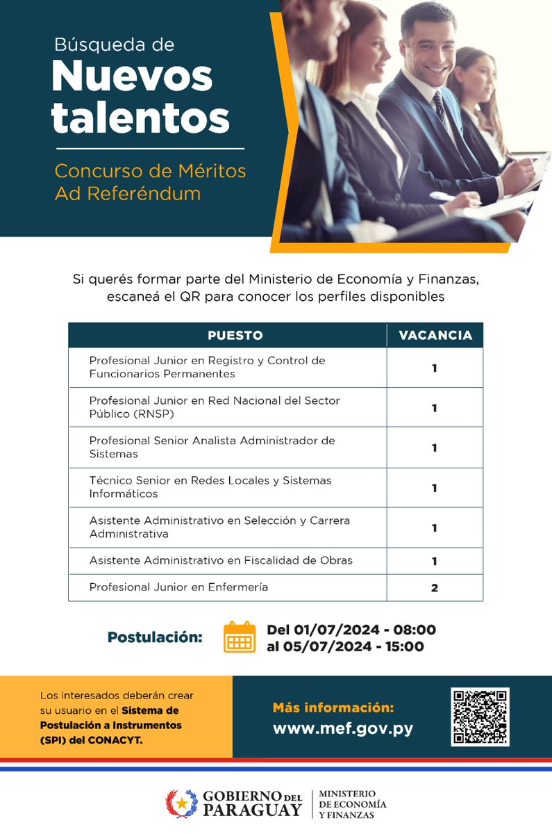 📍¡Buscamos nuevos talentos!
#MEF llama a Concurso de Méritos Ad Referéndum para diferentes puestos. Para postularse, crear un usuario en el Sistema de Postulación a Instrumentos del CONACYT spi.conacyt.gov.py/user.

Detalles: lc.cx/QFwwON

➡️  lc.cx/-gQgdq