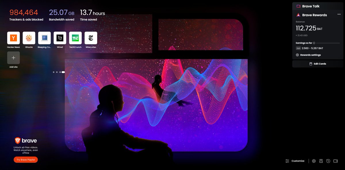 Open a new tab in Brave and you might see art inspired by Brave Playlist!

Brave Playlist lets you build lists of video and audio content from across the Web in the iOS version of the browser. You can then play them back even if you're offline or your screen is locked!