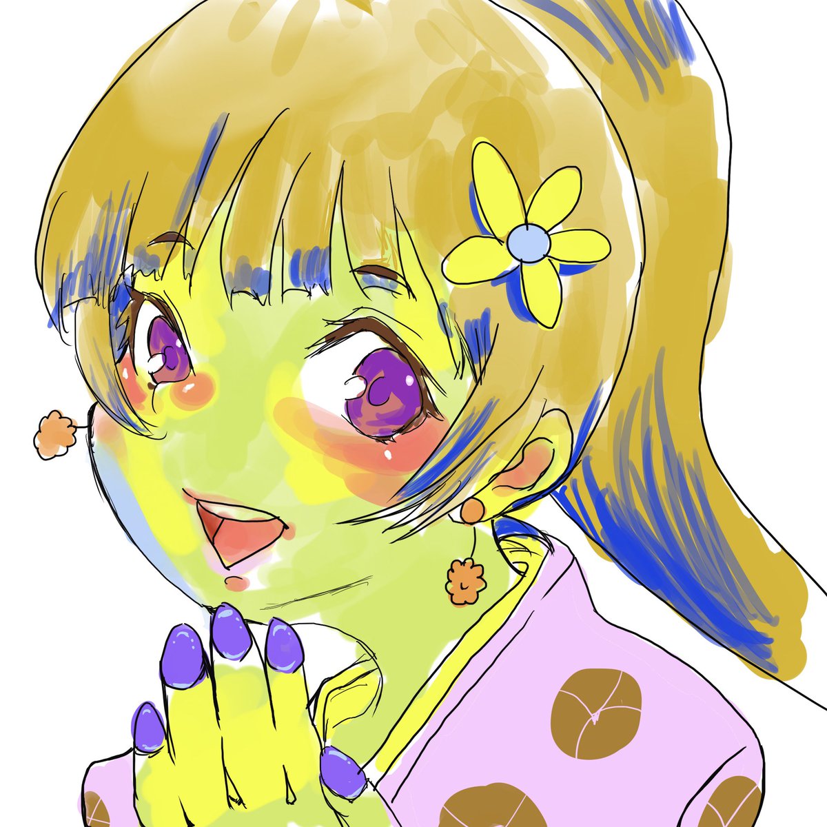 とある絵描きさんがやってらっしゃった、色をぐにゃぐにゃに混ぜたパレット?から、白黒モードでスポイトして塗って描くチャレンジ!面白そう!と思ってやってみましたら、肌が黄緑になっちゃったよー😭でも頬と鼻の赤みは奇跡!楽しかったです