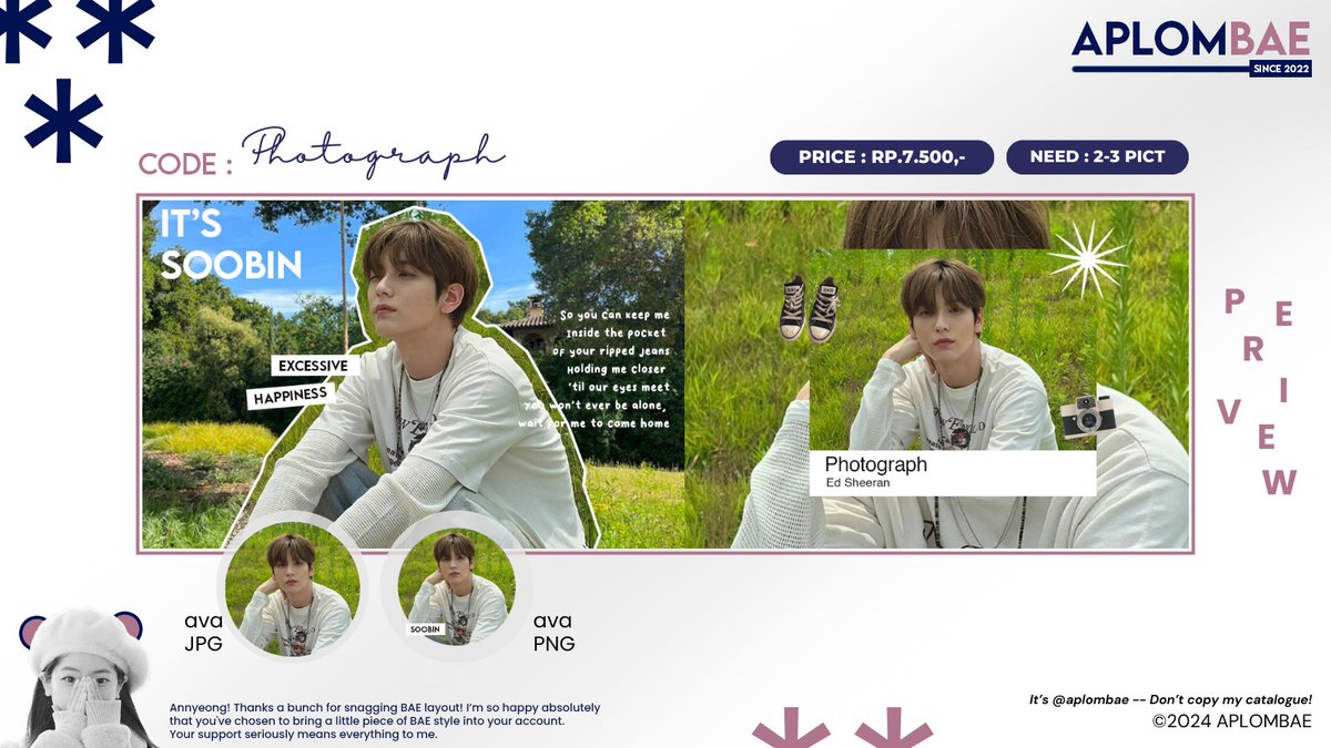 help rt would be appreciated

hi everyone! aku ada layout ready stock boy group/bg code : PHOTOGHRAPH cuma 7.500/each get ava jpg+png yaa, cek ALT untuk detail stock yang tersedia ✨

bisa re-text atau request idol lain, 
thankyou😉💗

#zonauang