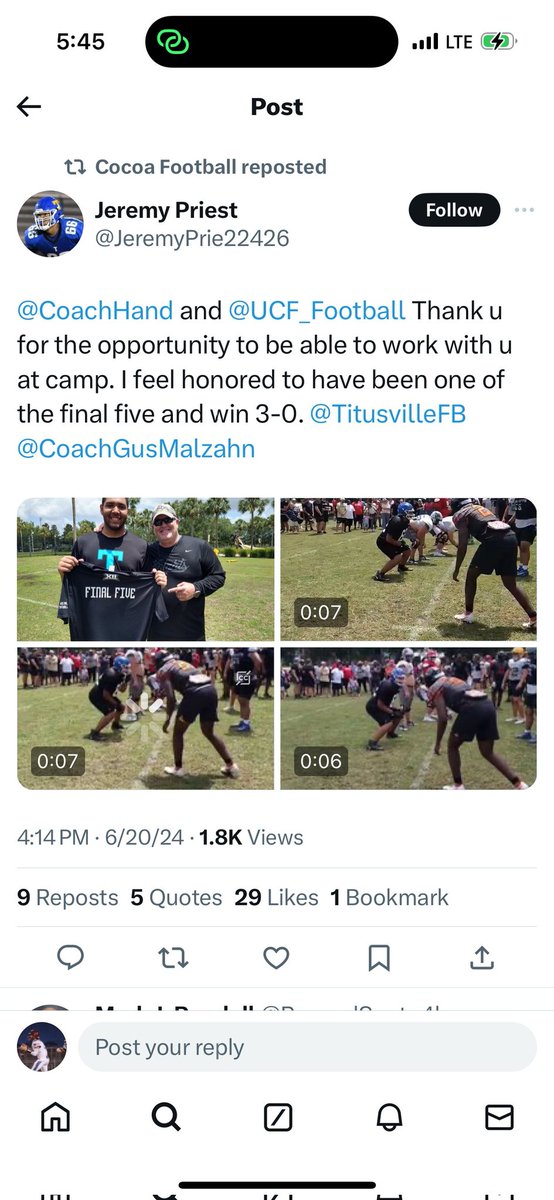 I appreciate <a href="/CocoaFootball/">Cocoa Football</a> for retweeting our players accomplishments!! #theville