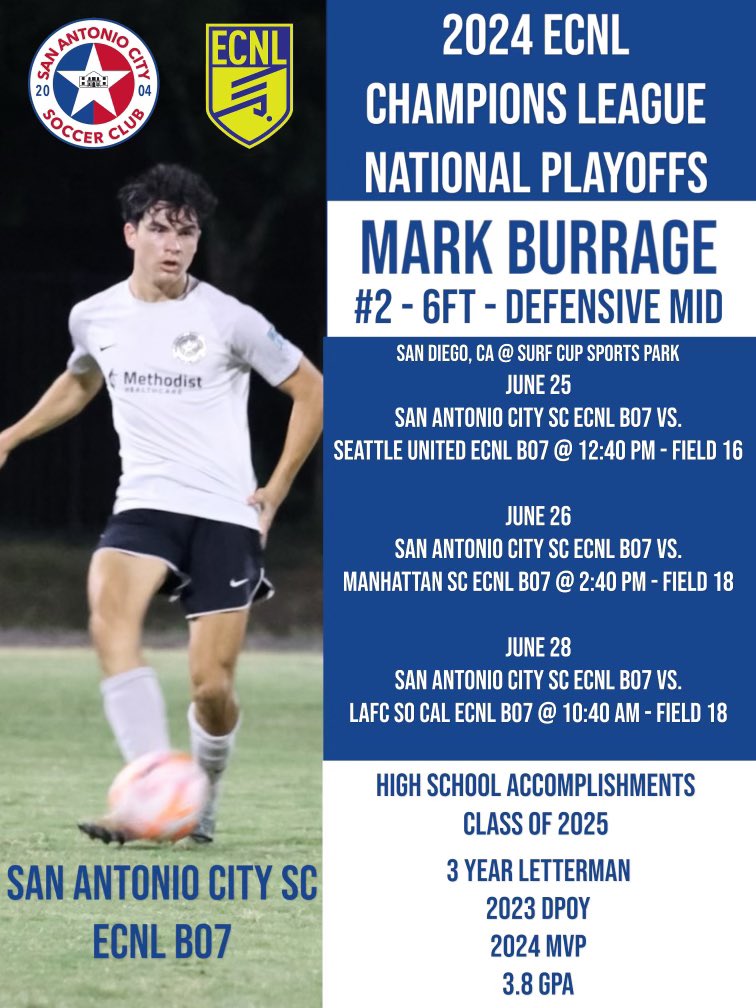 ECNL Playoffs!
<a href="/sacitysc/">San Antonio City Soccer Club</a> 
<a href="/ECNLboys/">ECNL Boys</a>