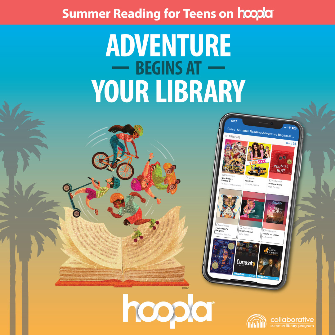RivFreeLibrary's tweet image. Adventure Begins at your Library, and Hoopla has e-books, e-audiobooks, music, movies, and TV shows targeted at teens! Check out the teen collection at hoopladigital.com/collection/631… for free with your RFL card #AdventureBeginsAtYourLibrary #summereading #adventure