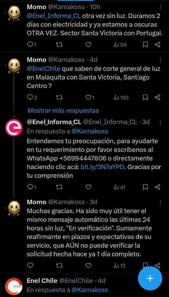 Ésta semana he estado (proporcionalmente) más SIN electricidad que con. <a href="/Enel_Informa_CL/">@Enel_Informa_CL</a> <a href="/EnelChile/">Enel Chile</a>  sólo ha logrado llamarme seguidamente para que un robot confirme que seguimos sin luz. Una burla. (seguimos sin luz)