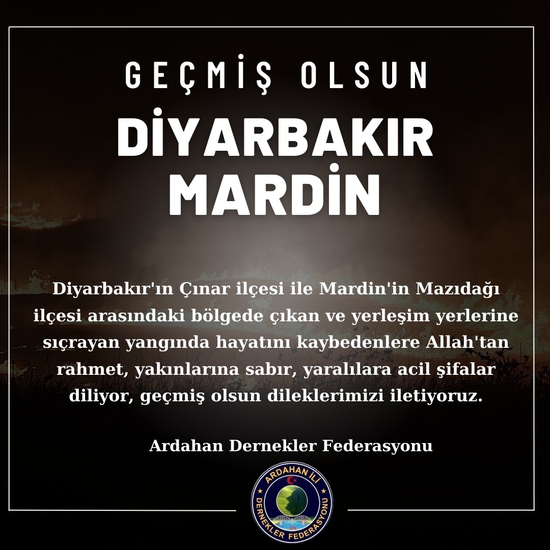 arda_fed75's tweet photo. Diyarbakır'ın Çınar ilçesi ile Mardin'in Mazıdağı ilçesi arasındaki bölgede çıkan ve yerleşim yerlerine sıçrayan yangında hayatını kaybedenlere Allah'tan rahmet, yakınlarına sabır, yaralılara acil şifalar diliyor, geçmiş olsun dileklerimizi iletiyoruz. #DiyarbakırMardin https://t.co/ADPYmJ0q3J