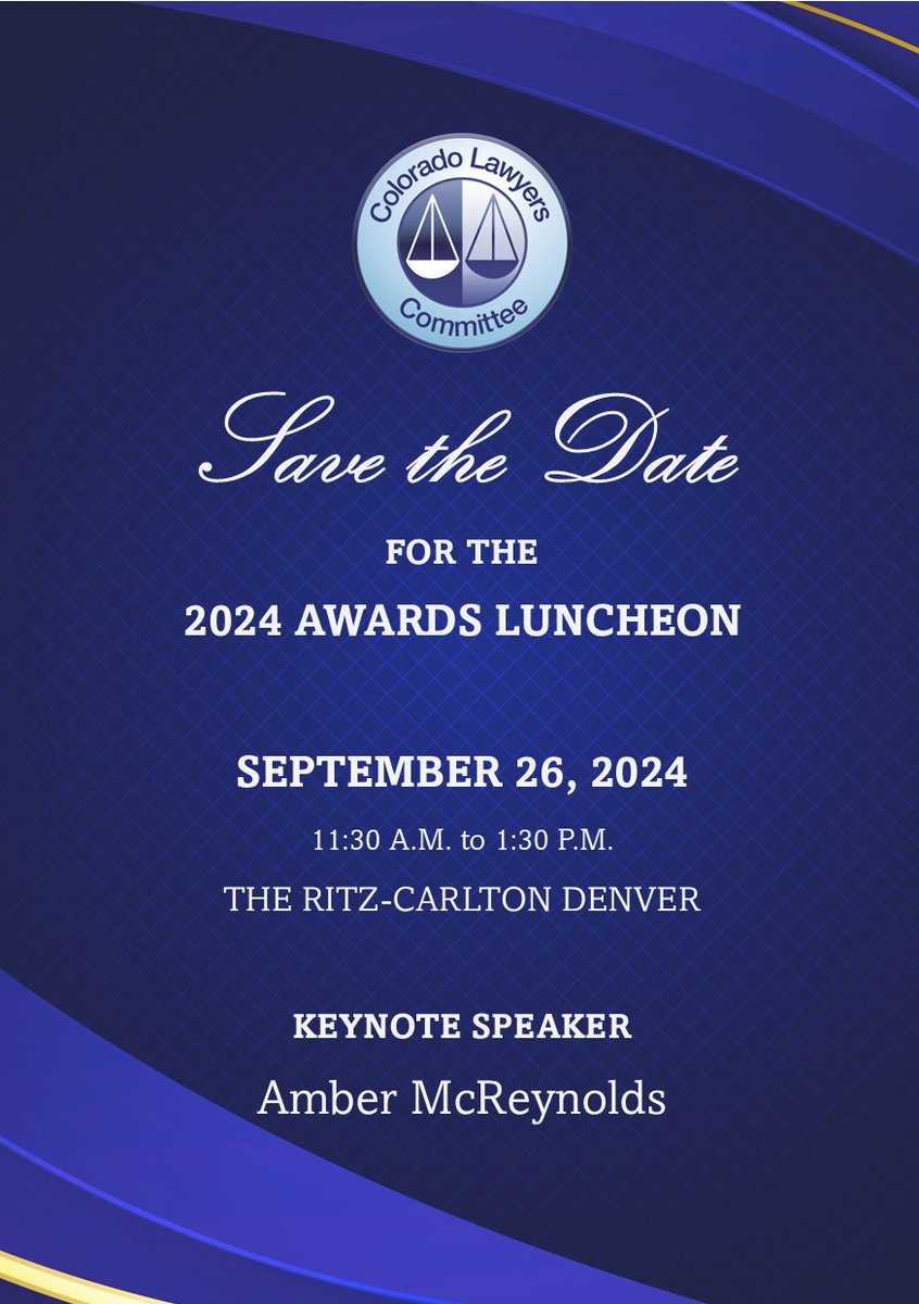 COLawyersComm's tweet photo. Save the Date for the upcoming Colorado Lawyers Committee Awards Luncheon on September 26th!

Ticket and sponsorship information will be available on the CLC website soon. https://t.co/7B2WnThB4b