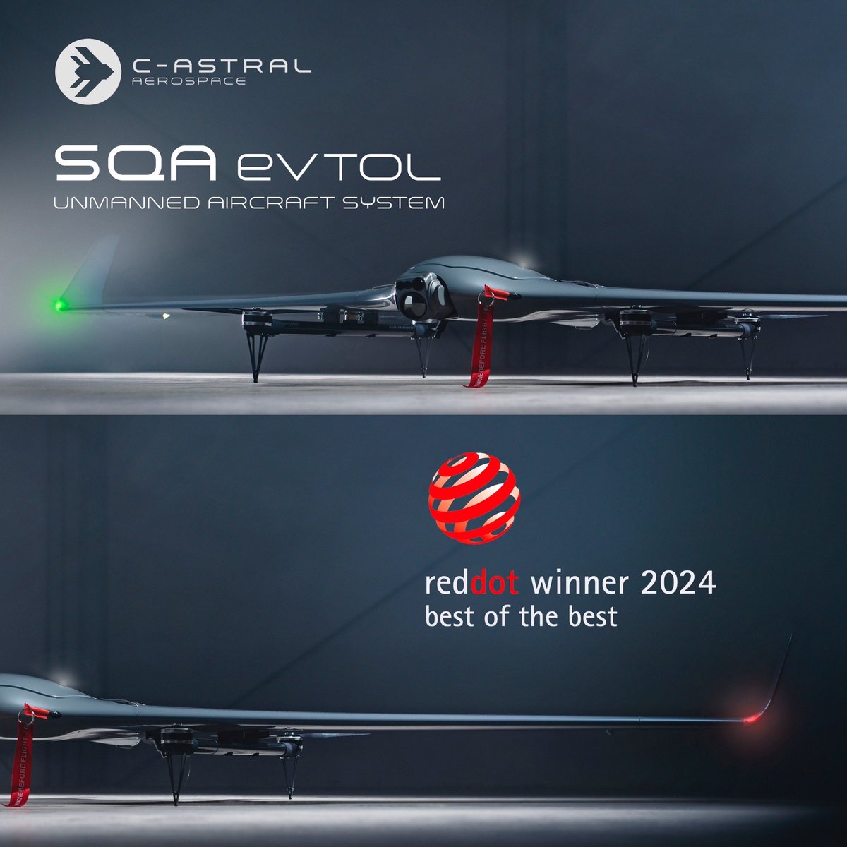 We are thrilled to share that the C-Astral SQA eVTOL Unmanned Aircraft System has been awarded the prestigious Red Dot Design Award – Winner/Best of the best! 🏆 #RedDotAward #DesignExcellence #eVTOL #Innovation #CAstral #AerialMobility #HighTech #ProudlySlovenian
 🇸🇮 🇪🇺