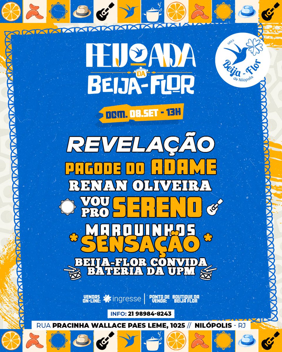 BeijaFlorReal's tweet image. A espera acabou!!! O encontro de samba e pagode que vai PARAR a #BAIXADA!!!

Vem aí #FeijoadaDaBeijaflor 👨🏻‍🍳💙

Grandes nomes do Samba e Pagode se reúnem em uma edição que promete ser histórica!

✅ SAVE THE DATE 
🗓 08.09 | 13H
📍Quadra da Beija-flor - RJ