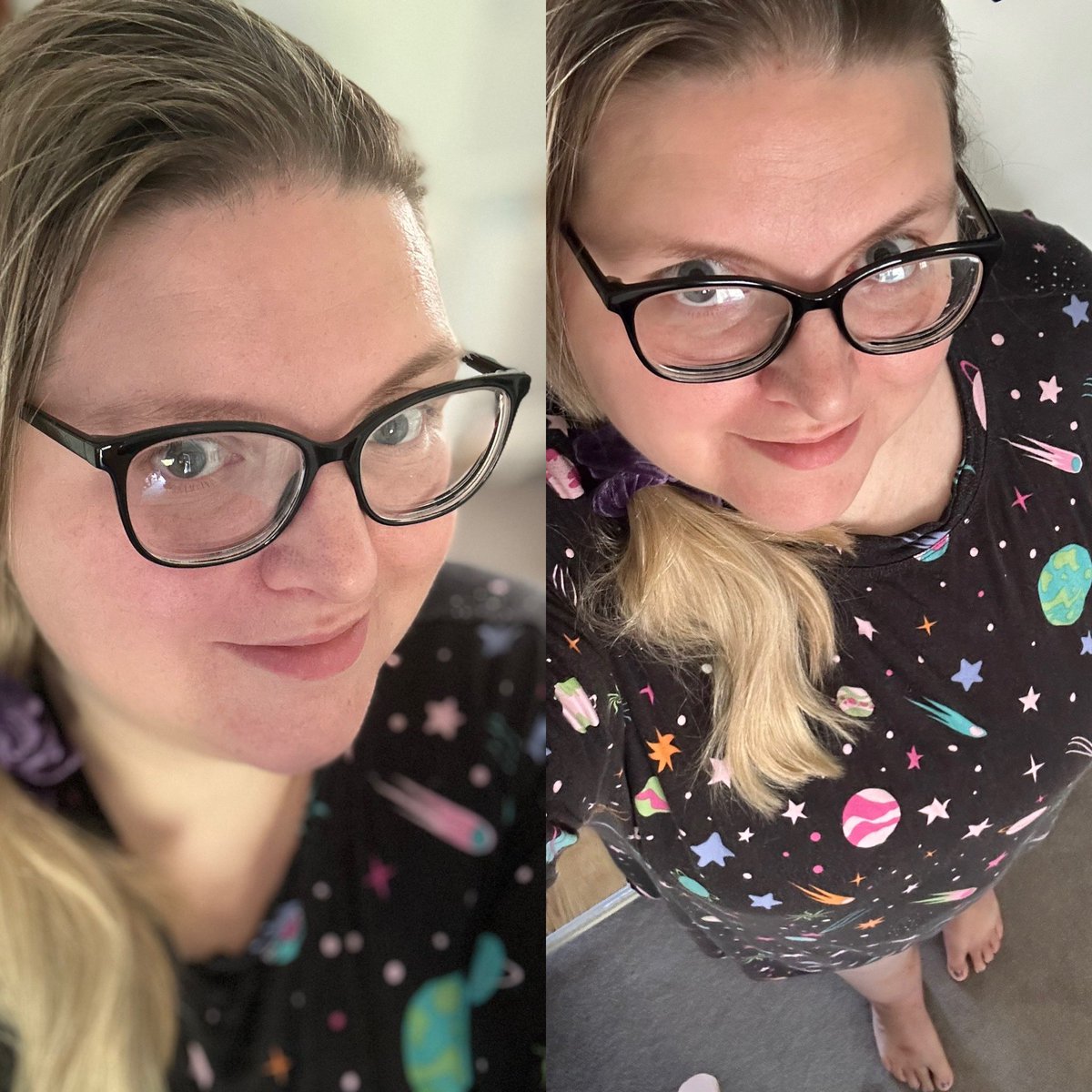 sometimeredhead's tweet image. Fashion Status Update - 20/06/24

🦁3619🦁

Outfit: Space print Oodie sleep tee.

Accessories: Specsavers Entry05 frames.

Cosmetics: mint green salon nails. 

Hair: tied in a side ponytail.

#psootd #ootd #wearethethey #effyourbodystandards #effyourbeautystandards
