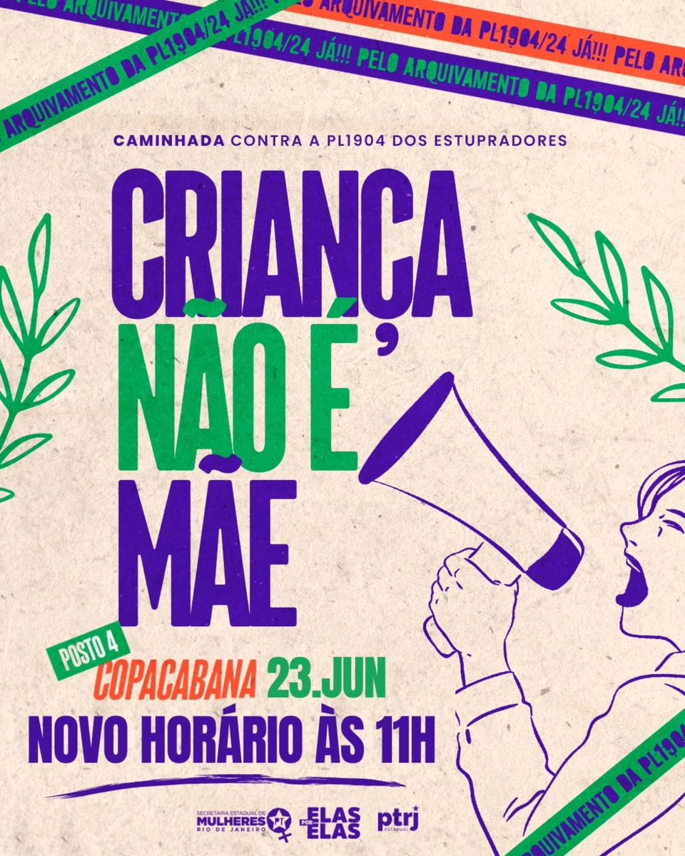 MulheresPTRJ's tweet photo. ⚠️ATENÇÂO⚠️ ⚠️ATENÇÂO⚠️
⚠️ATENÇÂO⚠️ ⚠️ATENÇÂO⚠️ 

#VemPraCopa em
NOVO HORÁRIO para a concentração da CAMINHADA #CRIANÇANÃOÉMÂE

23/06 - 11h - Copacabana (Posto 4)

#PLGravidezInfantil #PL1904Não #RioDeJaneiro
#ArquivamentoJá #MulheresPTRJ https://t.co/LZgE9Qm1oo