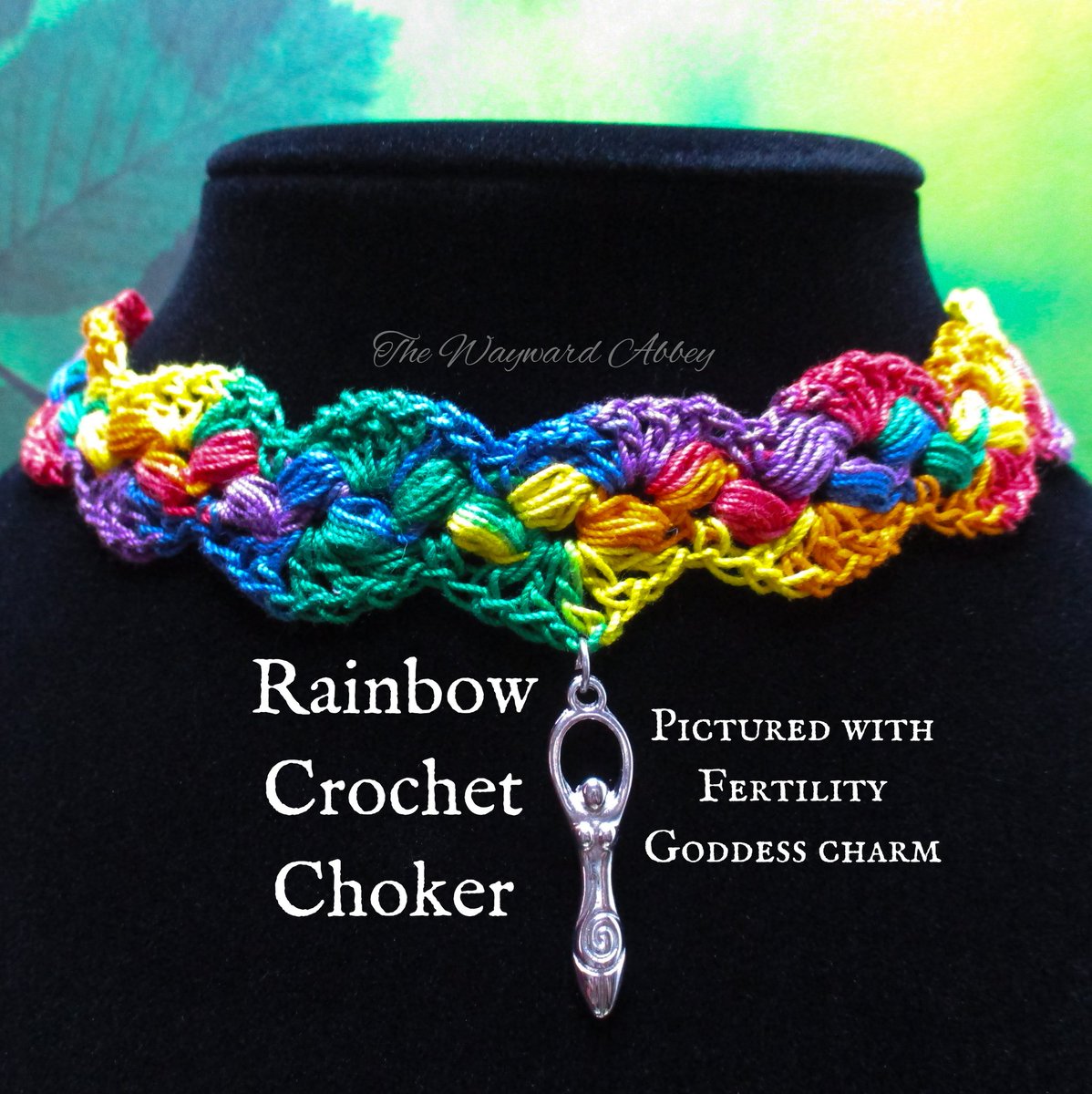 Rainbow Crochet Choker with Charm
Here with Fertility Goddess 

Made to order from your choice of charm &amp; thread. Adjustable chain with lobster claw clasp. 

thewaywardabbeystore.etsy.com/listing/964315…

$13 plus tax, free US shipping! 

~Blessings~Courtney