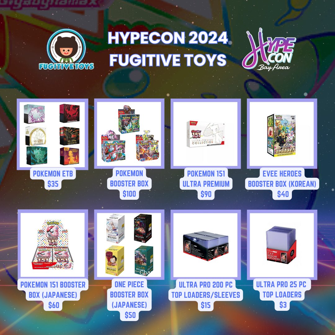 fugitivetoys's tweet photo. 🔥 Deals &amp; Steals are here!🔥⁠
🔥 Visit the hottest TCG event of the summer! 🔥⁠
⁠
Hype Con Bay Area: TCG Edition⁠
🗓: Saturday, June 29, 2024⁠

#hypecon #bayarea #bts #btsarmy #tcg #pokemon #onepiece #lorcana #magic #yugioh #kpop #voiceartists #autographs #photocards https://t.co/cx2vrN7vRP
