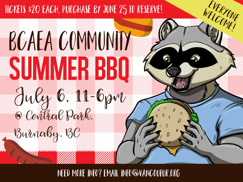 VancouFUR's tweet photo. Looking for the perfect summer fun? Come join us for a BCAEA BBQ on July 6th from 11am-6pm ! Tickets (for food to be provided) are $20 or feel free to bring your own! Register fast as food tickets close on June 25th! For more info check out https://t.co/9rbAJS8bJM https://t.co/eNHZTA8zEI