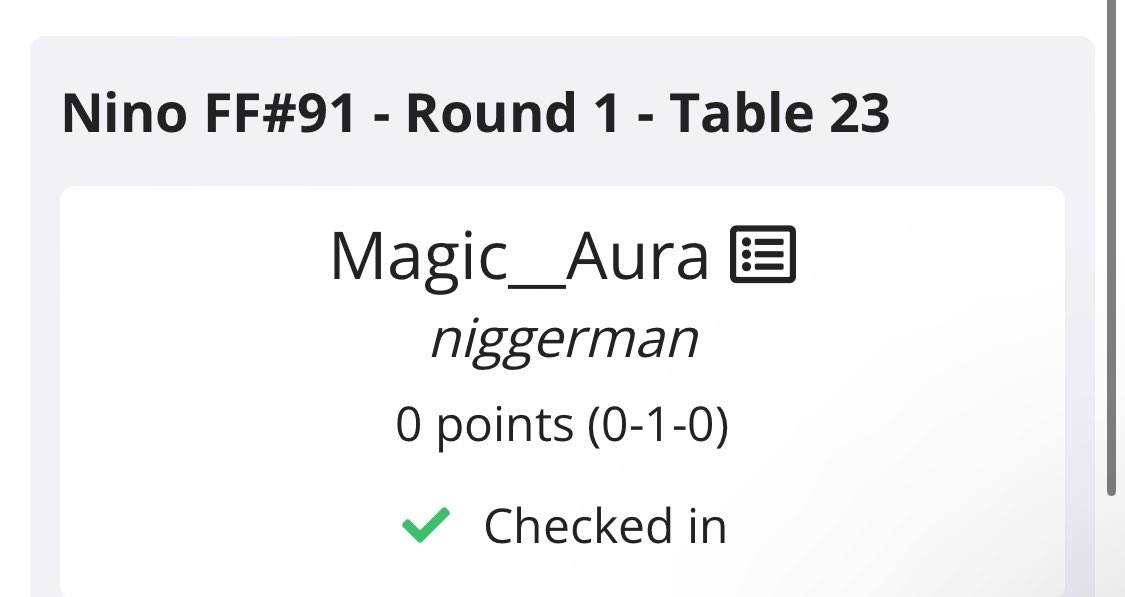 kevyboreland's tweet image. play.limitlesstcg.com/tournament/ff9… I’ve judge many tours and honestly people like this fucking piece of shit that’s pretending to be someone and doing shit like this…okay we get you are a racist piece of shit but don’t bring that shit in here man.