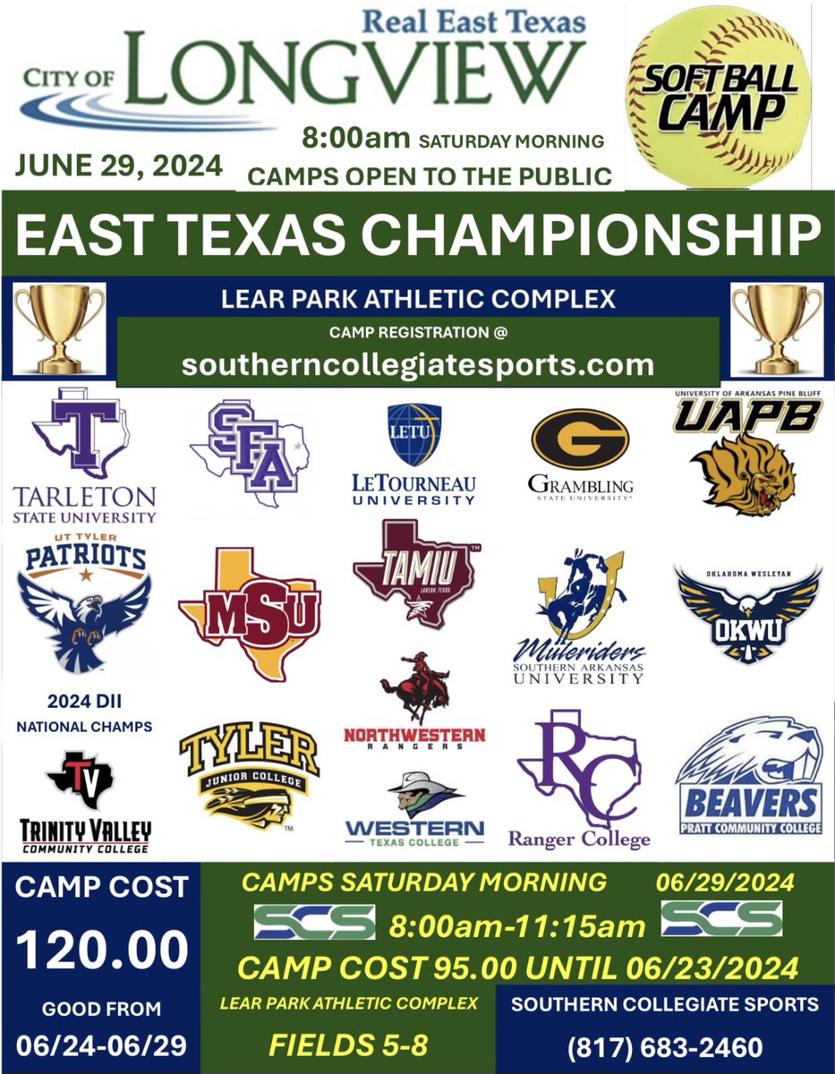 East Texas Camp

🗓️June 29, 2024
⌚️8am-11:15am
🏟️Lear Park Athletic Complex (fields 5-8)
📍 100 H G Mosley Pkwy
Longview, TX  75604
🎟️$95 until 6/23 ($120 6/24-6/29)
❗️Registration starts at 7:25am

Get registered &gt;&gt; register.ryzer.com/camp.cfm?id=26…

COMPETE•GET SEEN•GET RECRUITED