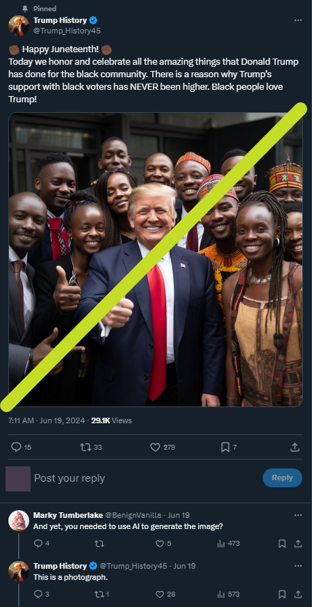 KevinDReyes's tweet photo. the infamous @Trump_History45 reposted one of their AI images of trump with black people for #juneteenth, stating "Black people love Trump!"

a recent @NYAmNews investigation revealed the account is secretly run by a @prageru social media manager

📰:
https://t.co/J6HqyjG4x9 https://t.co/MOWBggxGH9