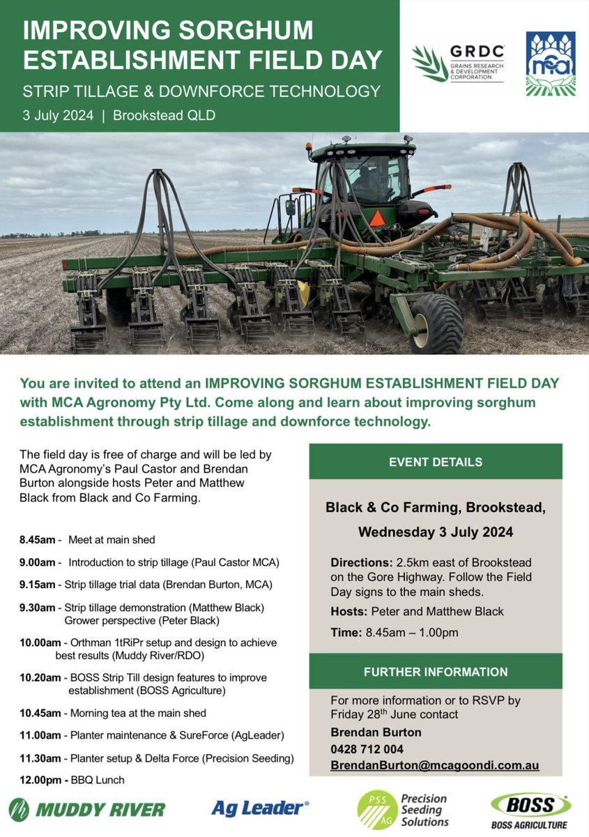 MCA Ag (@mca_ag_) on Twitter photo Come join MCA at the Improving Sorghum Establishment Field Day! 🌱🚜
When ➡️ Wednesday 3rd July @ 8:45am
Where ➡️ Gore Highway, 2.5km east of Brookstead
RSVP by 28th June to Brendan on 0428 712 004 or BrendanBurton@mcagoondi.com.au
Feel free to share!
<a href="/theGRDC/">GRDC</a> <a href="/GRDCNorth/">GRDC North</a> Come join MCA at the Improving Sorghum Establishment Field Day! 🌱🚜
When ➡️ Wednesday 3rd July @ 8:45am
Where ➡️ Gore Highway, 2.5km east of Brookstead
RSVP by 28th June to Brendan on 0428 712 004 or BrendanBurton@mcagoondi.com.au
Feel free to share!
<a href="/theGRDC/">GRDC</a> <a href="/GRDCNorth/">GRDC North</a>