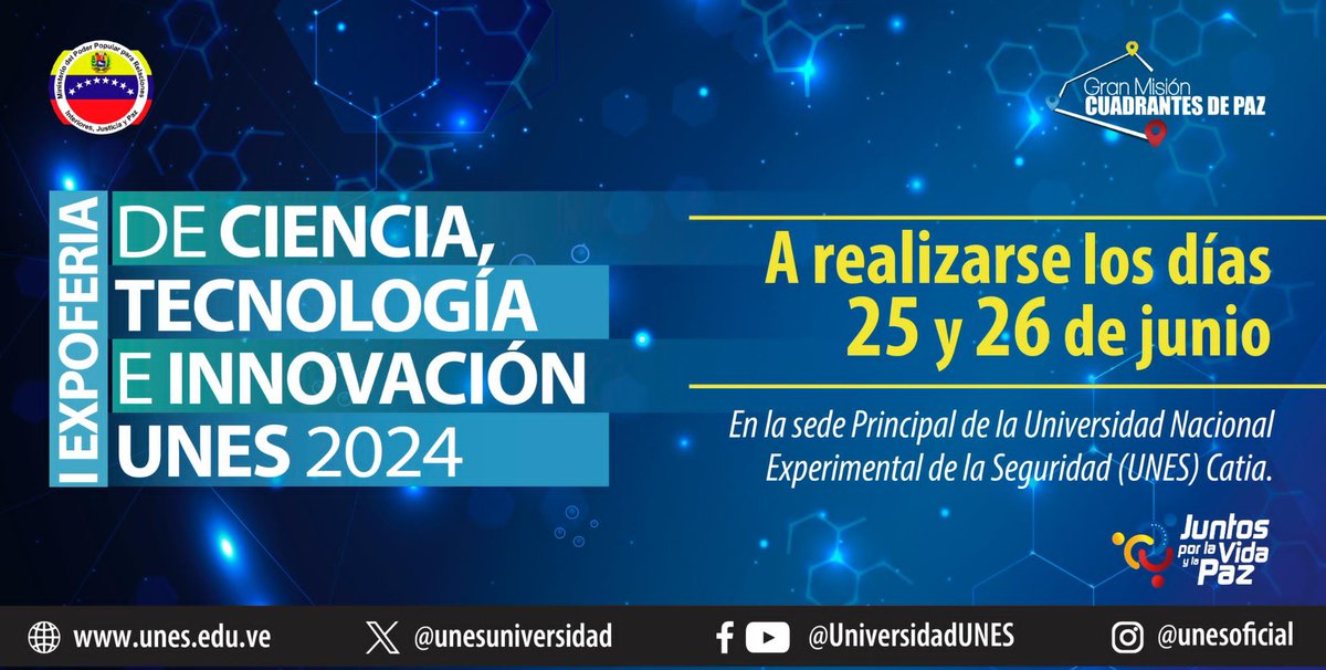 El Vpdte. Sectorial para la Seguridad Ciudadana y la Paz, AJ. <a href="/CeballosIchaso1/">@FuerzaDinamica Remigio Ceballos Ichaso</a> y el Rector de la <a href="/unesuniversidad/">Universidad Nacional Experimental de la Seguridad</a>, MG. <a href="/fabiozavarsep/">Fabio Enrique Zavarse Pabón</a>, tienen el honor de invitarles a la I EXPOFERIA DE CIENCIA, TECNOLOGÍA E INNOVACIÓN UNES 2024.

🇻🇪

#DeLaManoConMaduro