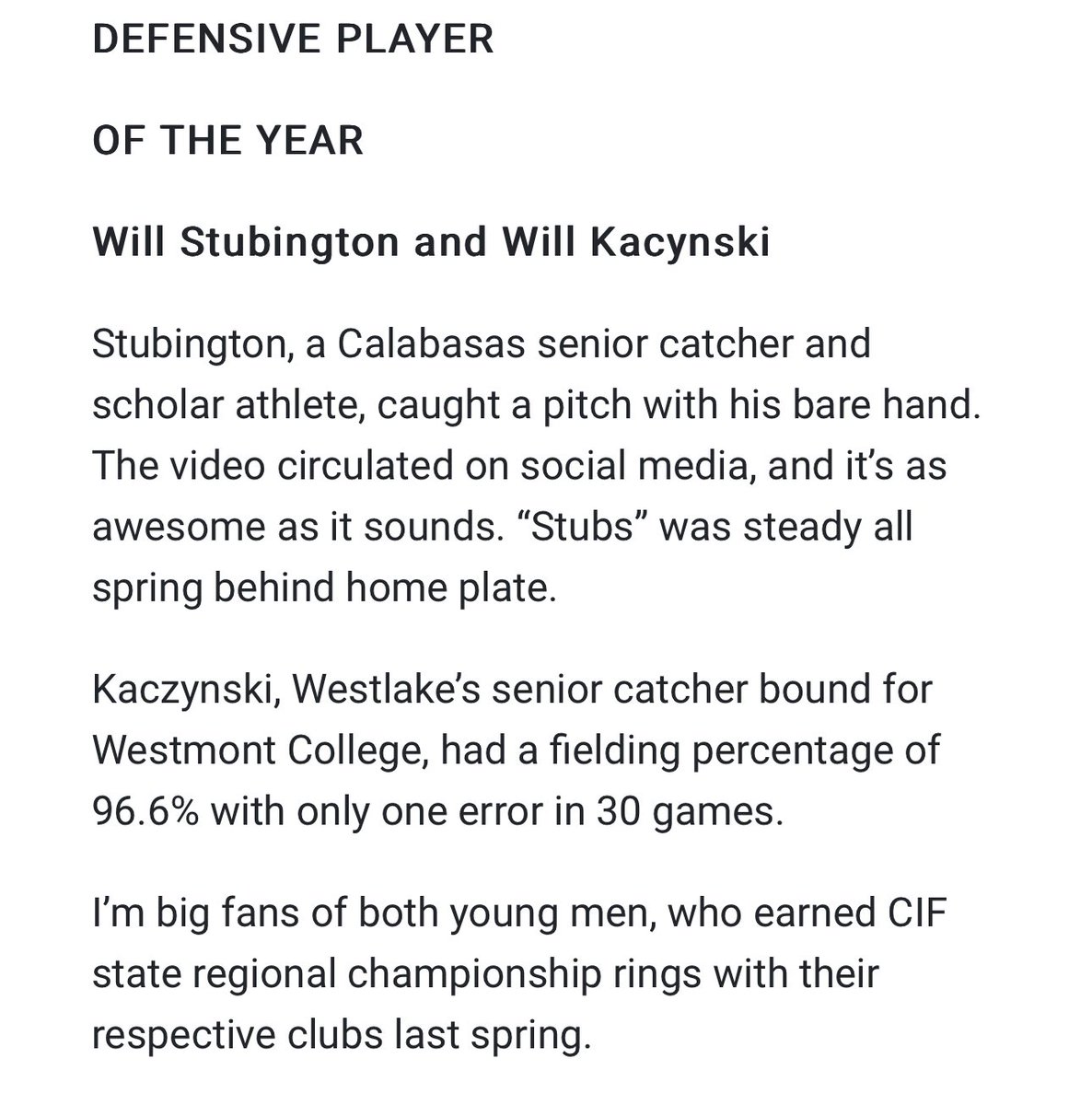 Thank you so much <a href="/EliavAppelbaum/">Eliav Appelbaum 🎗️</a> and <a href="/TheAcornSports/">Acorn Sports</a> the kindness and support you have shown me through my high school career means a lot thank you so much for choosing me for this award. <a href="/CalabasasBB/">Calabasas Baseball</a>