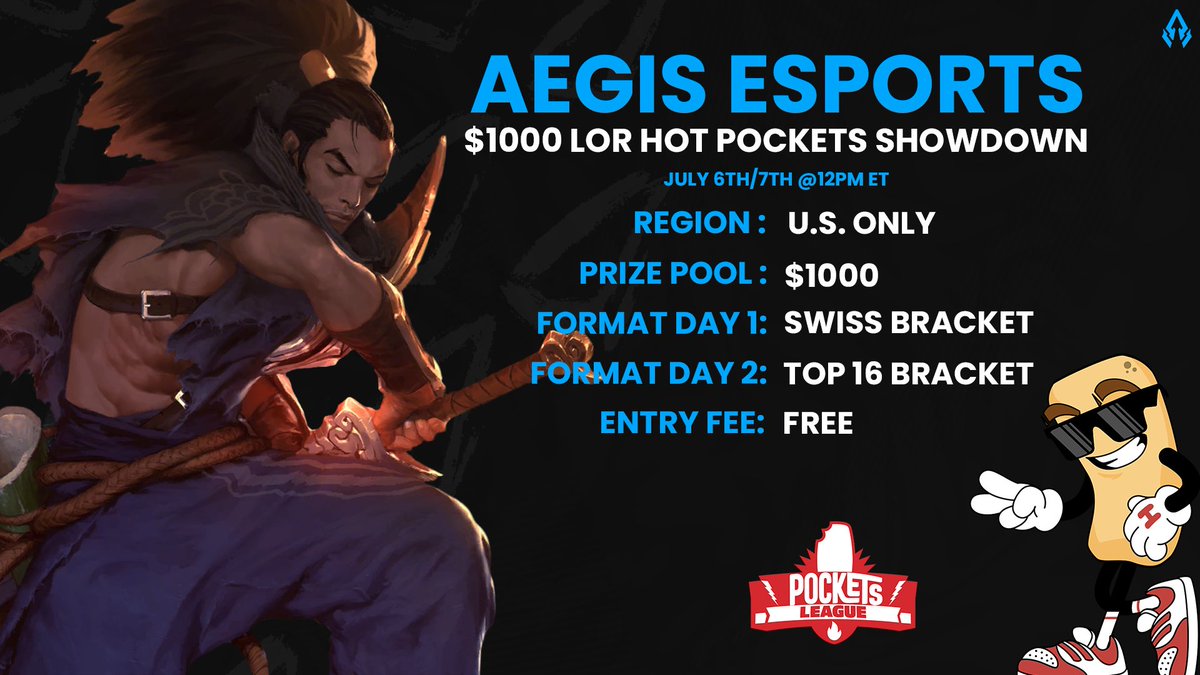 Everyone! We are back!

With support from <a href="/PlayRuneterra/">Legends of Runeterra</a> and <a href="/hotpockets/">Hot Pockets</a> we are running a $1,000 Legends of Runeterra tournament! Time to summon The Rekindler and revive PVP!

Sign up here: pocketsleague.challonge.com/AegisxHotPocke…

U.S. only... for now :)
