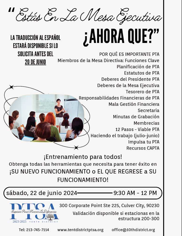 pta_highlands's tweet photo. Are you new to the #PTA Executive Board? Are you coming back in a new position? Do you have questions about your role or duties? @10thdistrictptsa has ANSWERS! Don’t miss summer training TOMORROW at #CulverCity Headquarters office! Get a head start on your position, don’t be lost https://t.co/5tZo25ukFb