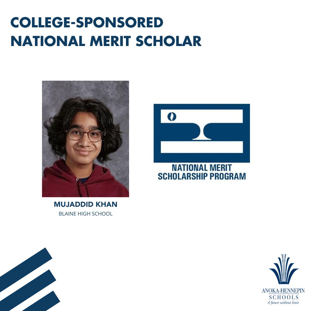 AHSchools's tweet photo. Congratulations to Mujaddid Khan, a @BlaineHS graduate who was named a College-Sponsored National Merit Scholar. These scholarships provide between $500 and $2,000 annually for up to four years of undergraduate study. Learn more: https://t.co/yF8urDblVT | #AHSchools https://t.co/Y8Z9iamqQi