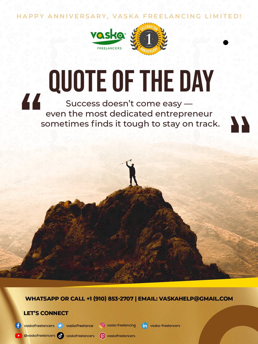 vaskafreelance's tweet photo. Happy Anniversary, Vaska Freelancing Limited!
Success doesn’t come easy — even the most dedicated entrepreneur sometimes finds it tough to stay on track.
#vaskafreelancers #quote #success #vaskatips #fyp #earn #work #income https://t.co/vxsOVpJZLF