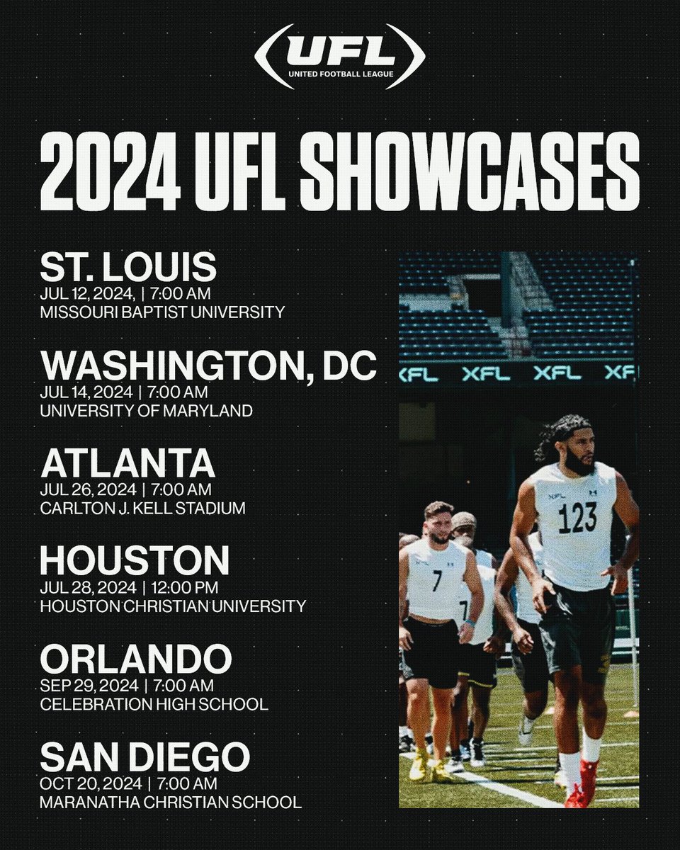Mark your calendars 📆 The UFL is coming to a city near YOU 🫵

Don’t miss out on the opportunity to showcase yourself at one of our 6️⃣ UFL Showcases this off season!

🔗: showcases.theufl.com