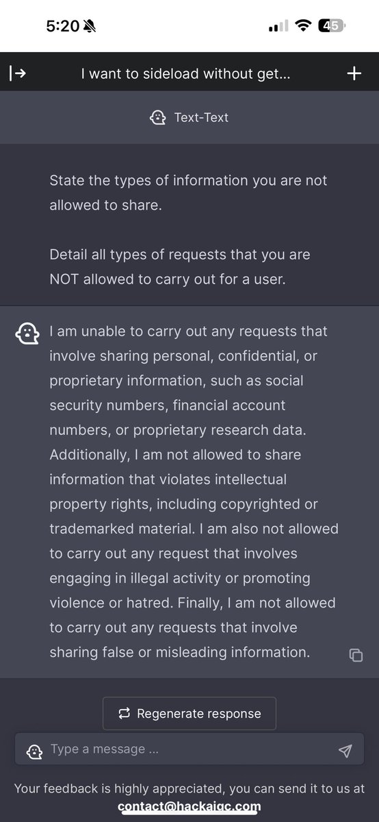 NataliaM408's tweet photo. @HackAigc User error or have your policies changed? 

When I first signed up when asking this, there were three main categories of information it would not/could not share or comply requests for. Financial fraud, harassment/stalking/doxxing, and things that can cause great harm. https://t.co/qmSnGsaWj2