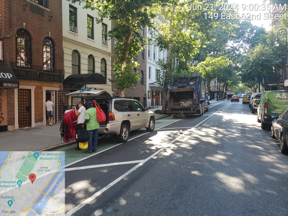 Reasmus2's tweet photo. This is what you get when you couple a failed @NYC_DOT design with zero enforcement from @NYPD19Pct. Not a single block of the 'protected' East 62nd Street #bikeNYC lane is free from obstructions in the morning. 🤦‍♂️

#PaintIsNotProtection https://t.co/Mo2XmkAxqX