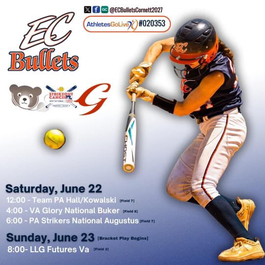 Staying local this weekend in the Glory Strikeout Cancer Invitational!! Can’t wait to play with my girls! 
<a href="/EastCobbBullets/">EC Bullets Fastpitch</a> 
<a href="/BulletsCornett/">EC Bullets Cornett</a> 
<a href="/LegacyLegendsS1/">Legacy & Legends Softball</a> 
<a href="/ExtraInningSB/">EXTRA INNING SOFTBALL</a> 
<a href="/SBRRetweets/">Softball Recruiting Reposts</a> 
<a href="/SoftballRecruit/">Softball Recruit 🥎</a>