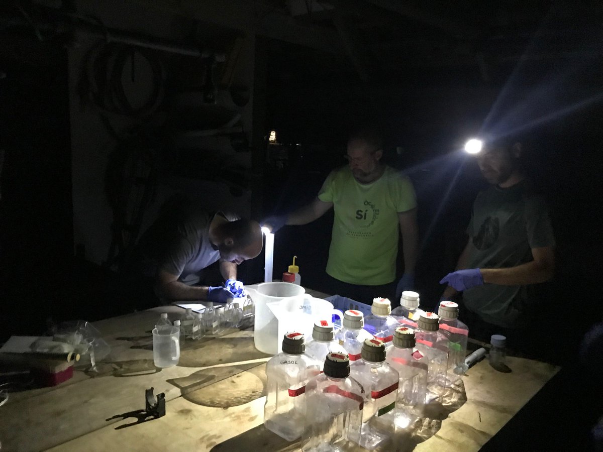 #SUMMIT_Moorea - Day 6

The day began with launching and sampling the tank experiment before dawn. Addition of organic compounds and isotopically labelled nitrogen to plankton to track nitrogen fixation. Fran <a href="/ScienceMusicFM/">Fran Cornejo</a> and <a href="/Clara_RuizG/">Clara Ruiz-González</a> taking the lead under red lamps.