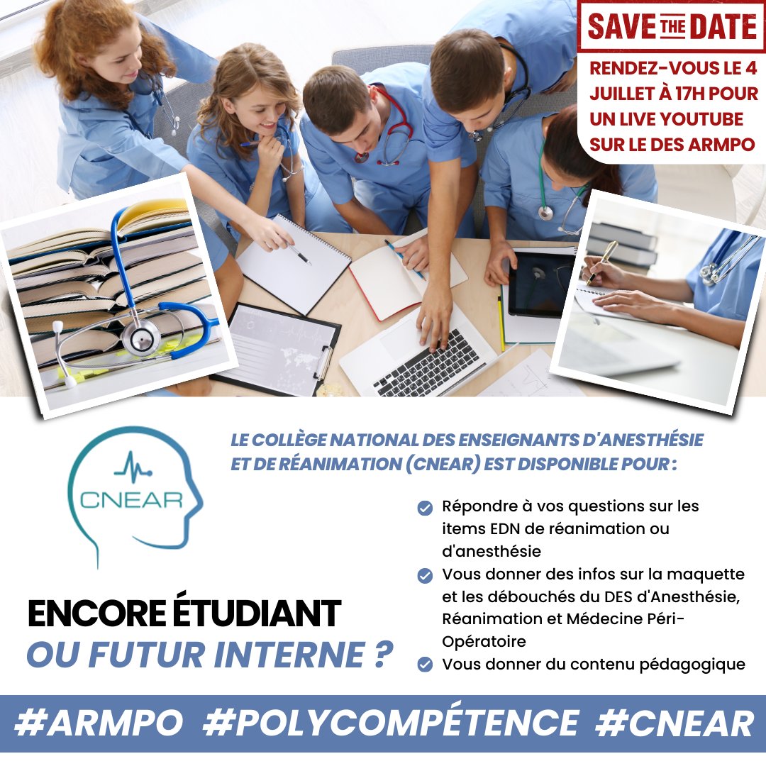 CNEAR Anesthésie Réanimation (@cnear_fr) on Twitter photo ❓Futur.e interne et vous vous posez des questions ? Le CNEAR est à votre écoute pour répondre à toutes vos interrogations.
📹 Un live YouTube est organisé le 04/07 à 17h avec <a href="/SFARJeunes/">SFAR Jeunes</a> <a href="/SFAR_ORG/">SFAR Anesthésie Réanimation</a> <a href="/AJARFrance/">AJAR France 🇫🇷</a> disponible sur la chaîne YouTube de la SFAR : youtube.com/@sfar_officiel… ❓Futur.e interne et vous vous posez des questions ? Le CNEAR est à votre écoute pour répondre à toutes vos interrogations.
📹 Un live YouTube est organisé le 04/07 à 17h avec <a href="/SFARJeunes/">SFAR Jeunes</a> <a href="/SFAR_ORG/">SFAR Anesthésie Réanimation</a> <a href="/AJARFrance/">AJAR France 🇫🇷</a> disponible sur la chaîne YouTube de la SFAR : youtube.com/@sfar_officiel…