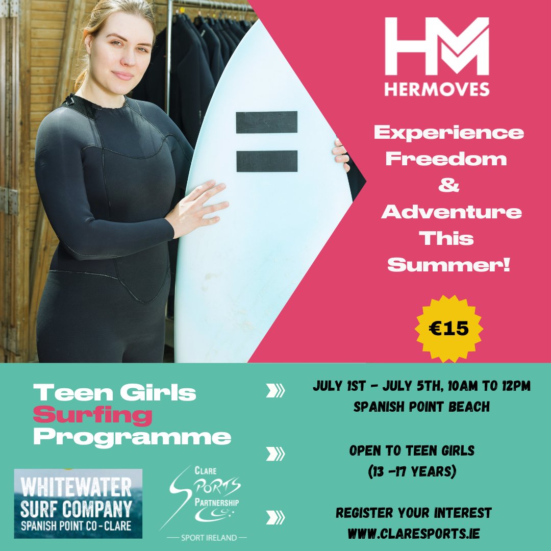 Surf's up, ladies! 🌊✨ 

This summer, challenge yourself and embrace the thrill of surfing with our dedicated program for teen girls! 🏄‍♀️🌞 

Register now and catch the wave of excitement! 🌺

claresports.ie/her-moves-prog…

<a href="/hermoves_ie/">Her Moves</a>

#ActiveClare #HerMoves