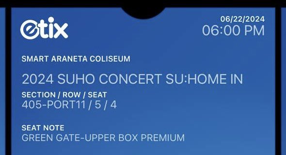 xiaojunbuys's tweet photo. wts lfb exo suho home con ticket ph

1 Upper Box Premium; e-ticket
- Row 5; Seat 4
- ₱3,500 (orig price: ₱5,450) 
- mod: meet up at venue @ 4:30PM

rfs: my cousin can't go because of unexpected work commitments https://t.co/JG4taQS3XM