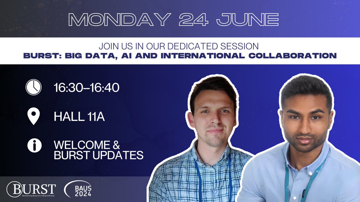 🚀 Only 2 days left until #BAUS24! 🚀

🎉 We can't wait to welcome you to our #BURSTatBAUS sessions.

➡️ Join us for our opening talk by our co-chairs:
🔹<a href="/kgbyrnes/">Kevin Byrnes</a> &amp; <a href="/ArjunSNathan/">Arjun Nathan</a>! 

🗓️ Monday, 24 June
🕓 16:30 - 16:40
📍 Hall 11A

#UroSoMe <a href="/BURSTurology/">BURST Urology</a> x <a href="/BAUSurology/">BAUS</a>