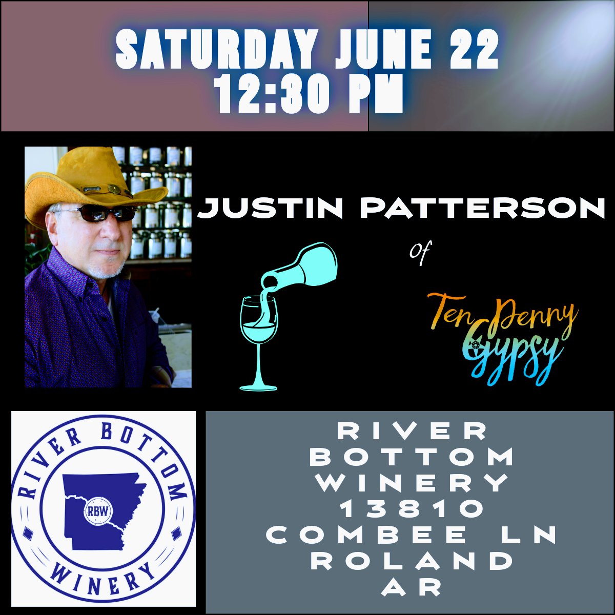 Justin Patterson of <a href="/tenpennygypsy/">Ten Penny Gypsy</a> in a rare solo appearance at River Bottom Winery in Roland AR. Come join the matinee of  wine and song Saturday 6/22 at 12:30pm #riverbottomwinery #wine #americanamusic