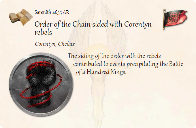 GolarionToday's tweet photo. Sarenith 4635 AR: Order of the Chain sided with Corentyn rebels
#Corentyn #OrderOfTheChain #BattleOfAHundredKings #4535AR
https://t.co/cNPBh9nkBS
The siding of the order with the rebels contributed to events precipitating the Battle of a Hundred Kings. https://t.co/Of1ky1oL24
