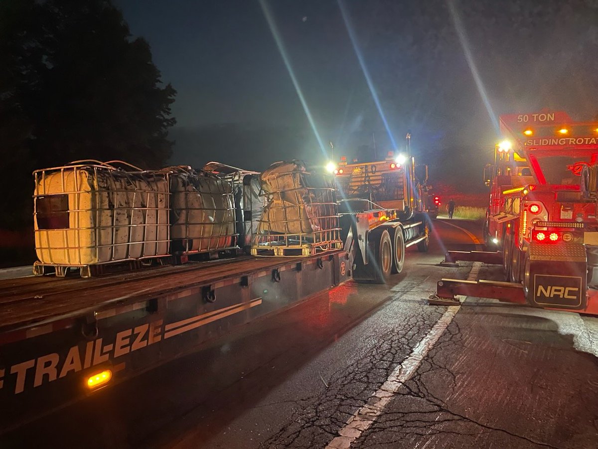 Companies are still on scene assisting with HAZMAT mitigation. Several totes of product punctured when the truck rolled over. No hazard to humans.  Heavy wreckers and environmentsl cleanup on scene.