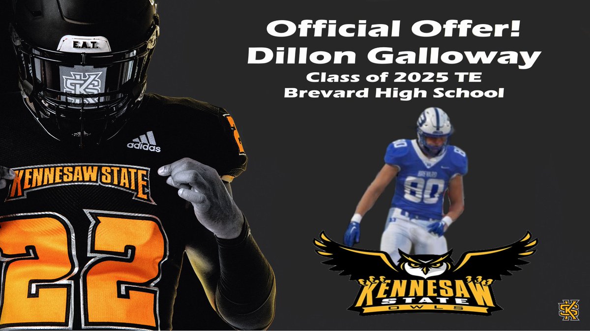 Dillon Galloway (<a href="/DillonGall80/">Dillon Galloway</a>) has received an offer to Kennesaw State University! Congrats Dillon! <a href="/CoachCookKSU/">Stewart Cook</a> <a href="/BohannonBrian/">Brian Bohannon</a> <a href="/kennesawstfb/">Kennesaw State Football</a> <a href="/CoachGregHarris/">Greg Harris</a>