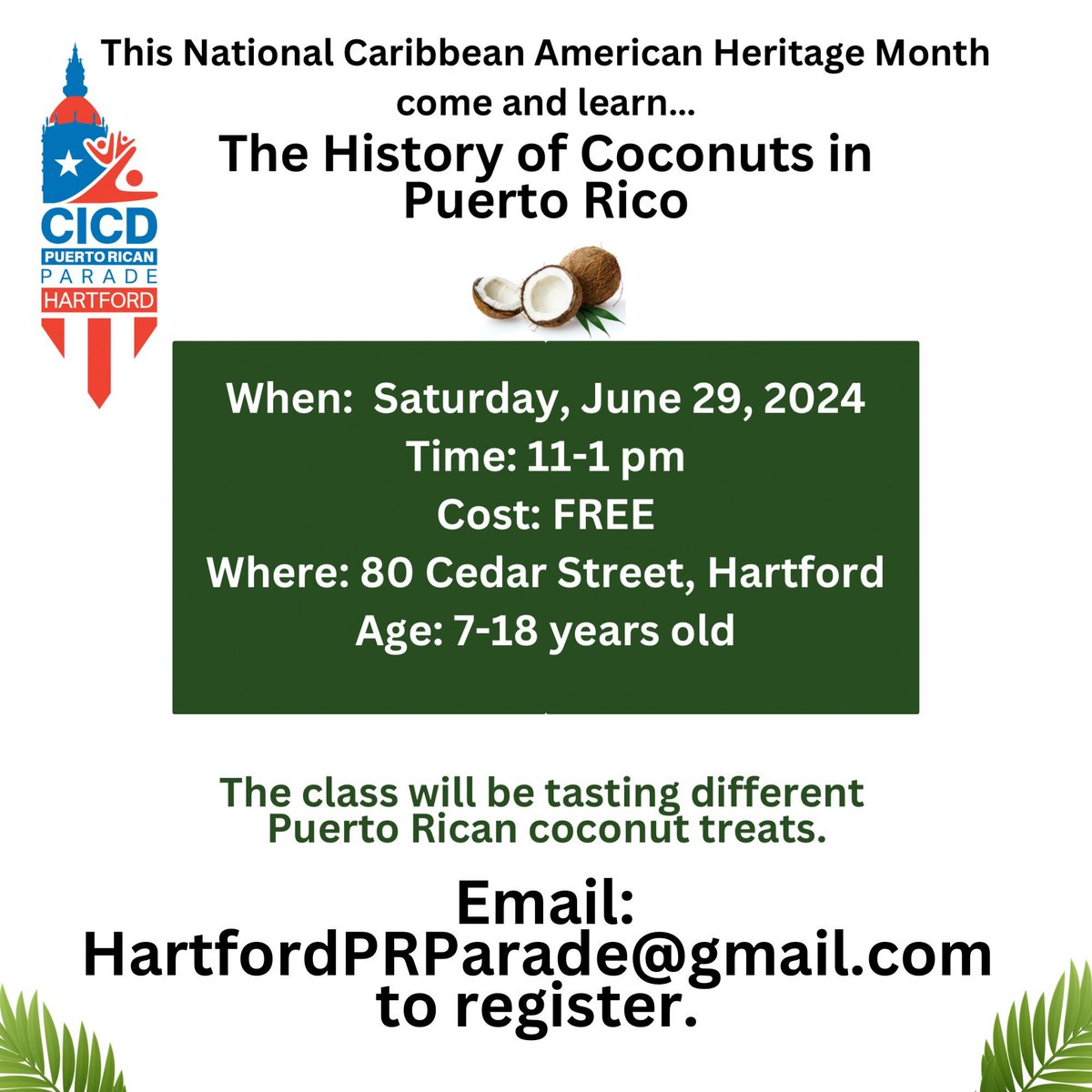 🌞 <a href="/HFDPRParade/">Hartford PR Parade</a> Cultural Classes are back! 🎨 Join us for 5 FREE Cultural Classes this summer! Open to boys and girls ages 7-18. 🇵🇷 Limited spaces available, so be sure to register by emailing parents' full names and child names/ages to cicdprparade@gmail.com.