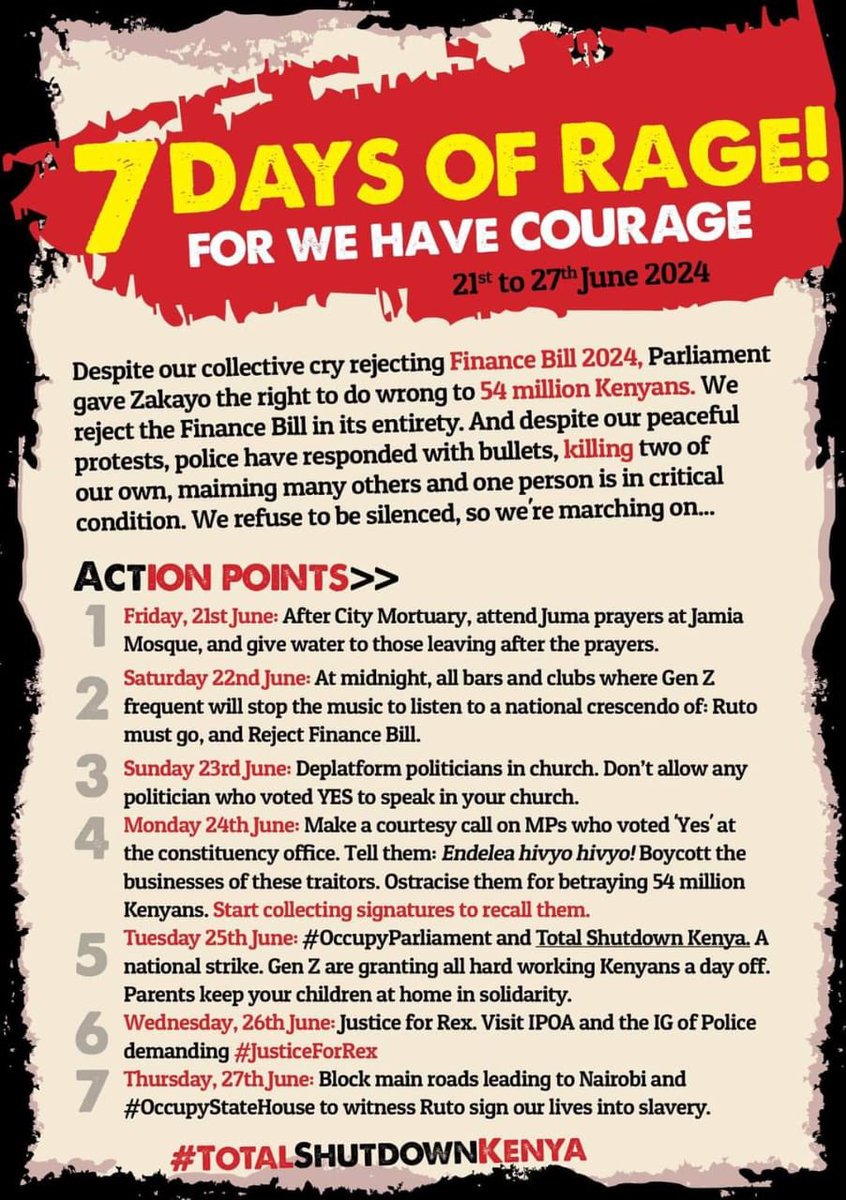 Patriots, comrades, radicals, Gen-Z and Millennials, Tuesday, June 25th, 2024, is the #DayOfRage when #RevolutionNow thunders all over Kenya like one billion #EarthQuakes. This is the time for the #MotherOfAllProtests! #Viva!

Wear Black, or White, or Red. Send a message they
