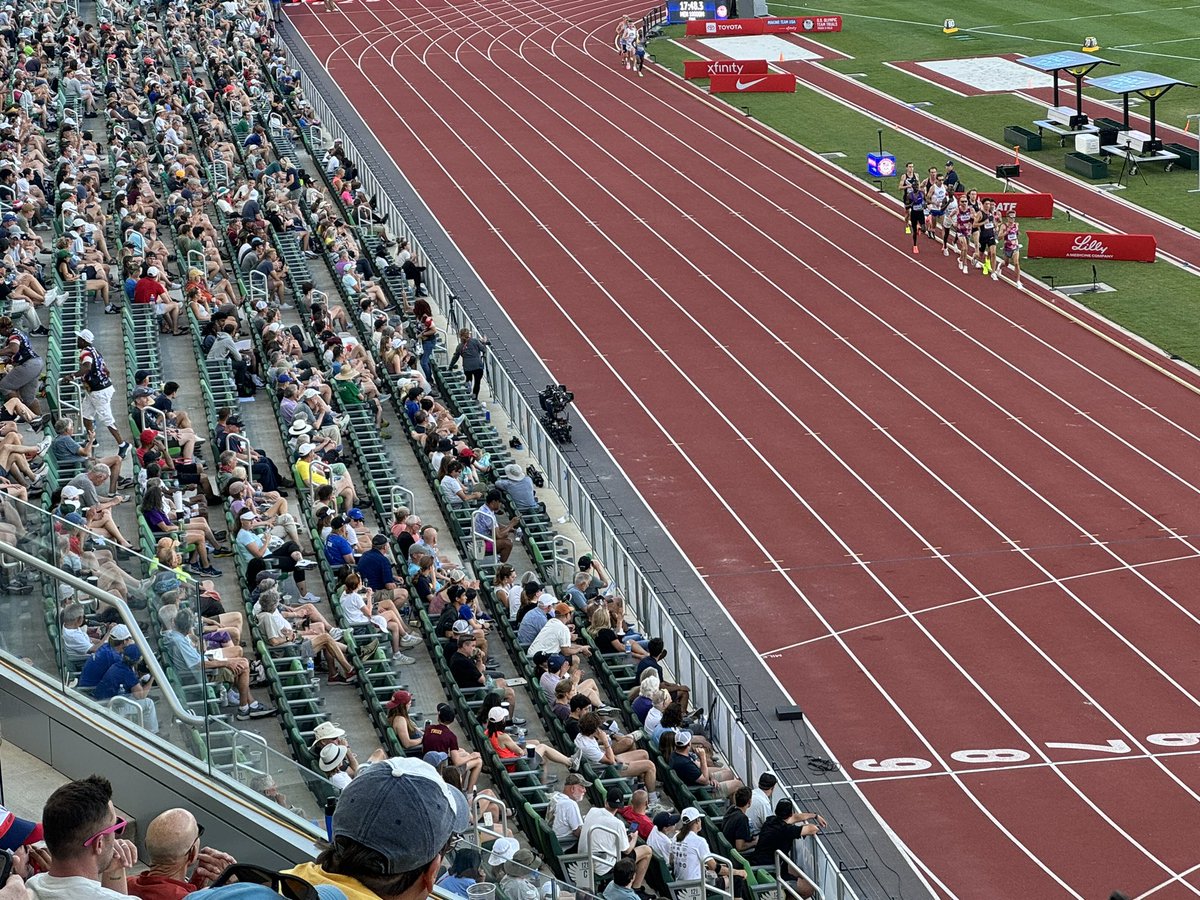 Lot of fans dressed as seats in the expensive finish line seats during 10k final
