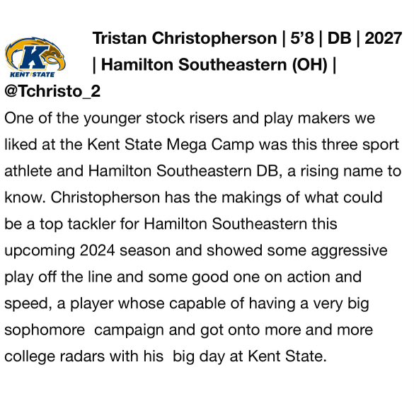Thank you <a href="/sixstarfootball/">Six Star Football | PLUS+</a> for the write up from the Kent state camp! Ready to make a difference this upcoming year!!
<a href="/HSEFootball/">HSE Royal Football</a> <a href="/247Sports/">247Sports</a> <a href="/espn/">ESPN</a> <a href="/KentStFootball/">Kent State Football</a> <a href="/CoachMillz_/">Millz2BeMade Training</a>