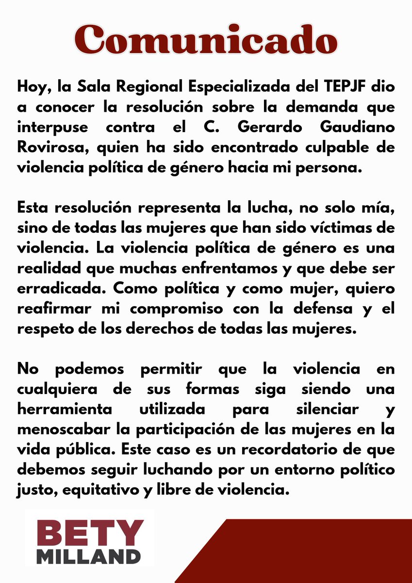 BetyMilland's tweet photo. Comunicado: La Sala Regional Especializada ha emitido su resolución sobre la demanda que interpuse hace unos meses. https://t.co/bHhZ3tzOWC