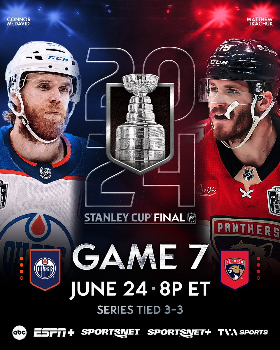 NHL (@nhl) on Twitter photo WE'LL SEE YOU MONDAY NIGHT FOR #GAME7! π«‘ #StanleyCup
πΊ: <a href="/EdmontonOilers/">Edmonton Oilers</a> vs. <a href="/FlaPanthers/">Florida Panthers</a> Game 7 Monday at 8p ET on ABC, <a href="/ESPNPlus/">ESPN+</a>, <a href="/Sportsnet/">Sportsnet</a>, Sportsnet+, and @tvasports WE'LL SEE YOU MONDAY NIGHT FOR #GAME7! π«‘ #StanleyCup
πΊ: <a href="/EdmontonOilers/">Edmonton Oilers</a> vs. <a href="/FlaPanthers/">Florida Panthers</a> Game 7 Monday at 8p ET on ABC, <a href="/ESPNPlus/">ESPN+</a>, <a href="/Sportsnet/">Sportsnet</a>, Sportsnet+, and @tvasports
